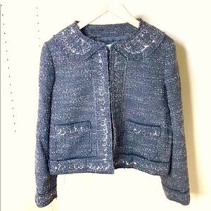 MOSHINO Vintage Tweed Sequin Trimmed Grey Silver Boucle Blazer Jacket Si…